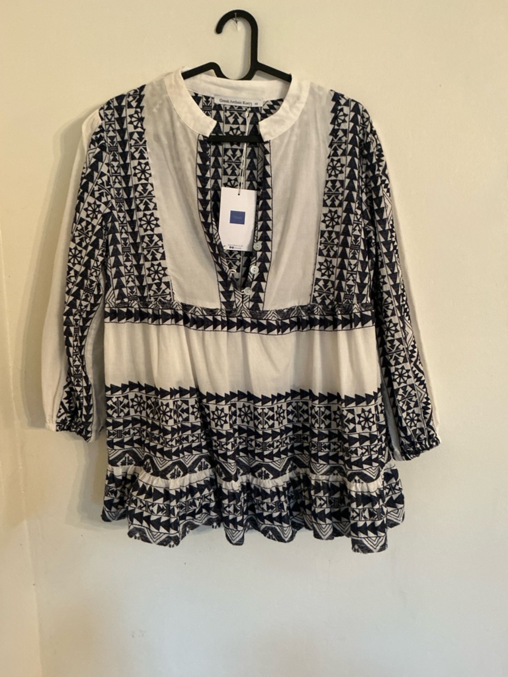 NWT  SZ xs Greek Archaic Kori  Cotton white/navy Blouse